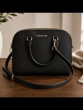 Michael Kors Black Saffiano Dome Crossbody Bag with Gold Hardware